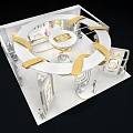 Elegant Modern Exhibition Hall with Golden Decorations and Glass Display Showcases