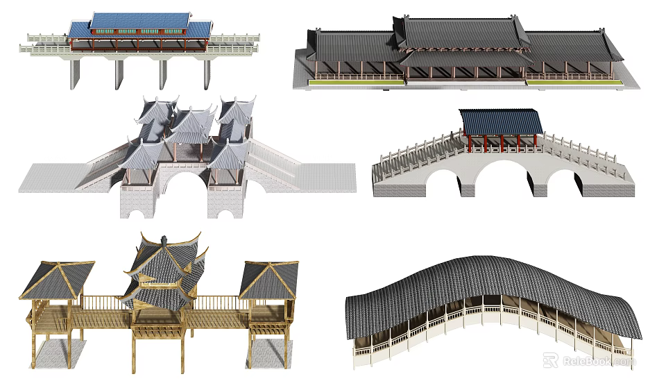 Traditional Chinese Bridge Designs With Tiled Roofs Arches And Pavilions 3d model 