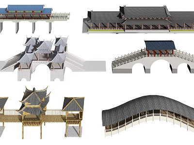 Traditional Chinese Bridge Designs With Tiled Roofs Arches And Pavilions 3d model