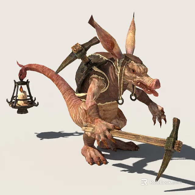 Fantasy Creature Character With Large Ears Long Tail And Tools Like Pickaxe And Lantern 3d model 