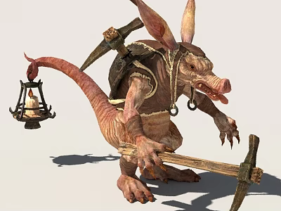 Fantasy Creature Character With Large Ears Long Tail And Tools Like Pickaxe And Lantern 3d model