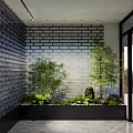 Indoor Landscape With White Brick Wall Green Plants Round Lamps Black Planter And Gray Marble