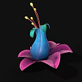 Colorful Floral Design With Pink Petals Blue Vase Like Structure And Yellow Stamens