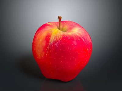 Fresh Red Apple with Yellow Stripes Shiny Surface Brown Stem Dark Background Juicy and Ripe 3d model