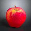 Fresh Red Apple with Yellow Stripes Shiny Surface Brown Stem Dark Background Juicy and Ripe