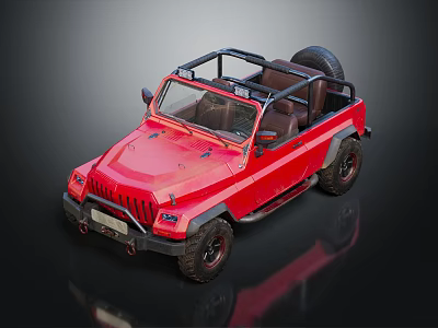 Red Vintage Off Road Jeep With Open Top Roof Rack And Spare Tire 3d model