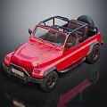 Red Vintage Off Road Jeep With Open Top Roof Rack And Spare Tire
