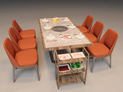 Orange Chair Dining Table Set With Marble Top Circular Hotpot And Wooden Shelf 3d model