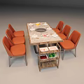 Orange Chair Dining Table Set With Marble Top Circular Hotpot And Wooden Shelf