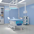 Modern Operating Room Interior With Surgical Bed Lights Medical Equipment Blue Walls And Setup