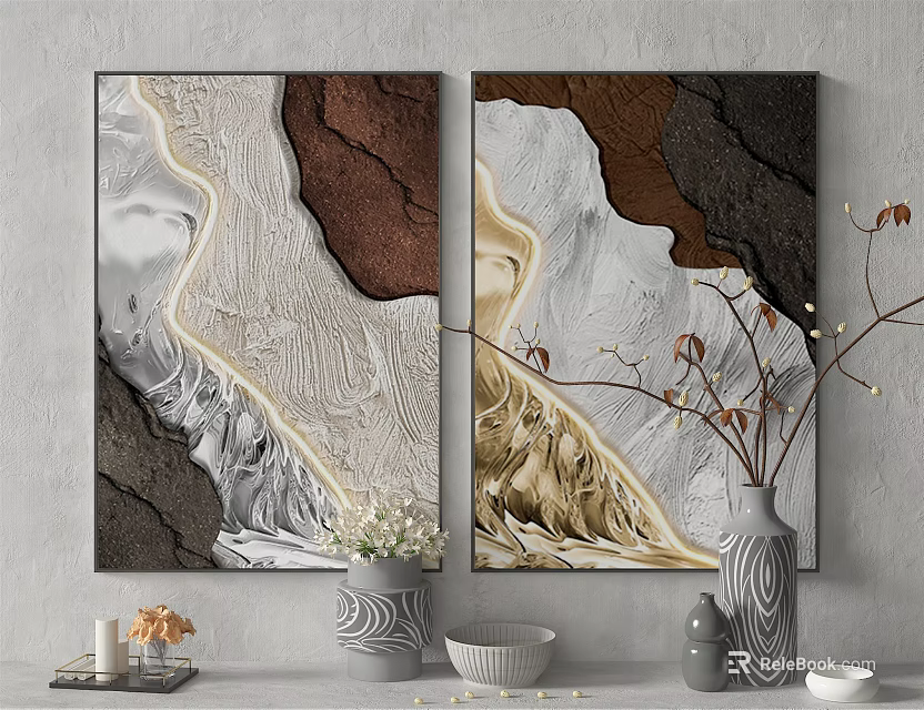 Modern Textured Earth Toned Wall Decor Paintings With Vases And Plants 3d model 