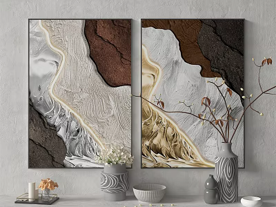 Modern Textured Earth Toned Wall Decor Paintings With Vases And Plants 3d model