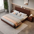 Modern Bedroom Interior With Wooden Bed Nightstand Table Lamp Green Plant Curtains And Rug