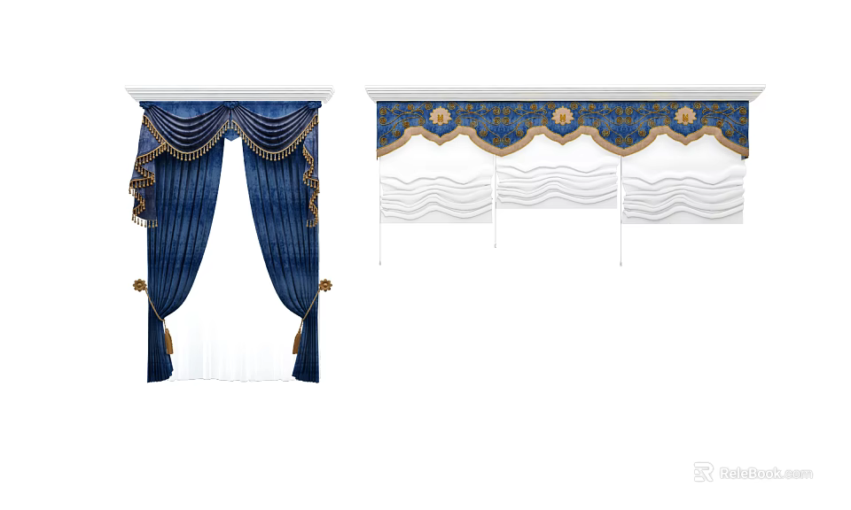 Elegant Blue Curtains with Tassels and White Valance Featuring Gold Patterns 3d model
