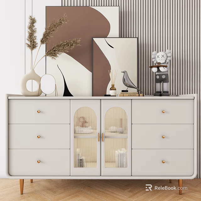 Light Entryway Console Cabinet With Drawers Glass Doors Golden Handles And Decorative Items 3d model 