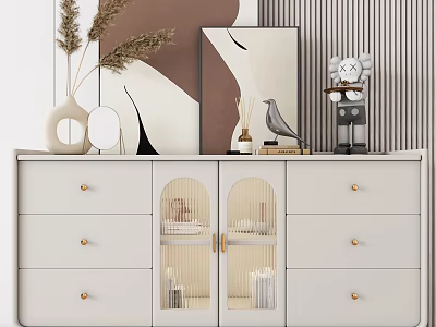 Light Entryway Console Cabinet With Drawers Glass Doors Golden Handles And Decorative Items 3d model