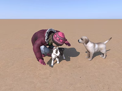 Person In Red Coat And Pink Hat Interacting With Two Puppies On Sandy Ground 3d model