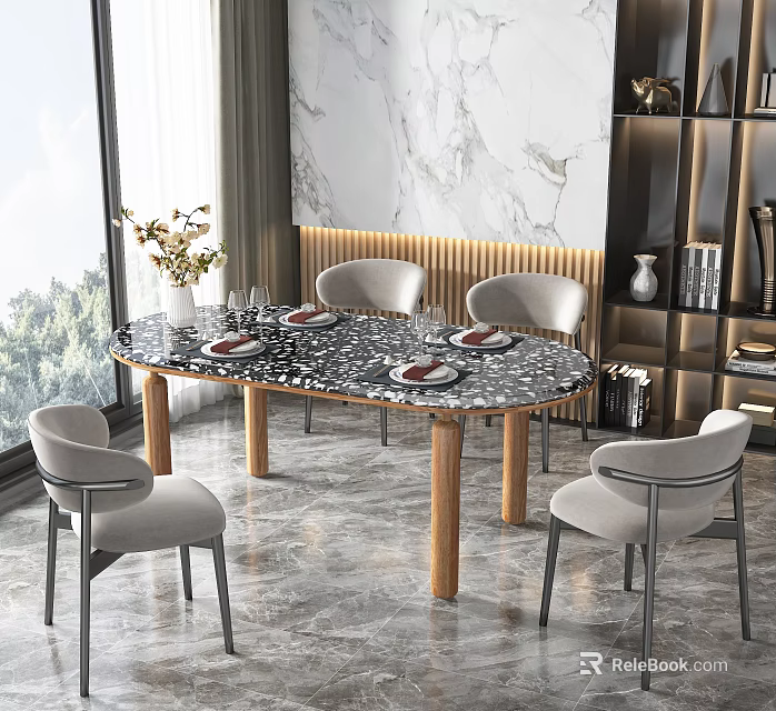 Elegant Dining Table Set With Black White Marble Tabletop And Light Gray Chairs 3d model