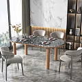 Elegant Dining Table Set With Black White Marble Tabletop And Light Gray Chairs 3d model