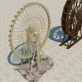 Garden Ornaments Showcasing Wooden Wheel And Light Colored Fan Like Structure With Stand