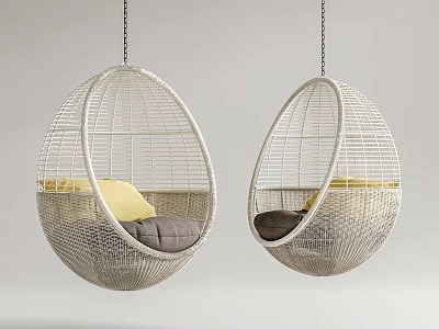 White Wicker Egg Hanging Chairs with Yellow and Grey Cushions 3d model