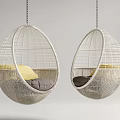 White Wicker Egg Hanging Chairs with Yellow and Grey Cushions