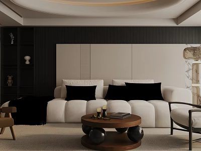 Elegant Modern Living Room Interior With White Sofa Black Cushions And Round Coffee Table 3d model