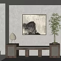 Traditional Landscape Painting On Wall With Bamboo Plant Table Lamp And Wooden Bench
