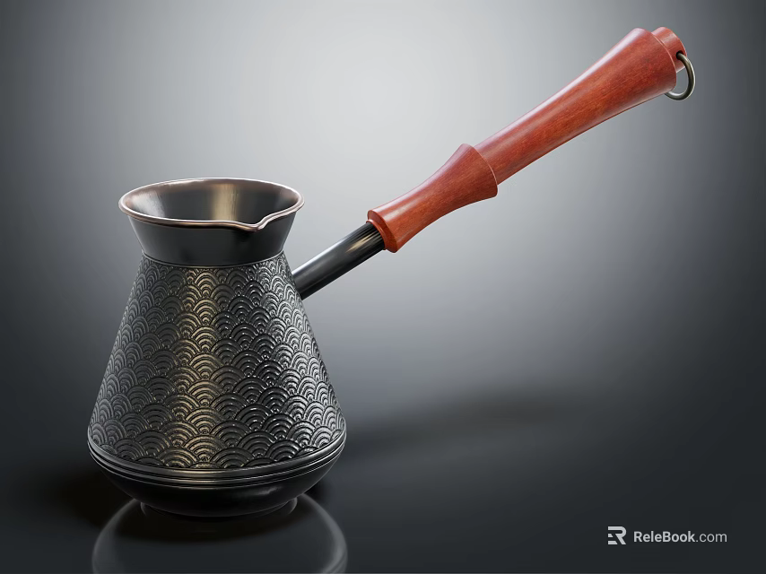 Stylish Metallic Coffee Pot With Wooden Handle And Patterned Surface For Kitchen Use 3d model 
