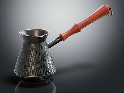 Stylish Metallic Coffee Pot With Wooden Handle And Patterned Surface For Kitchen Use 3d model