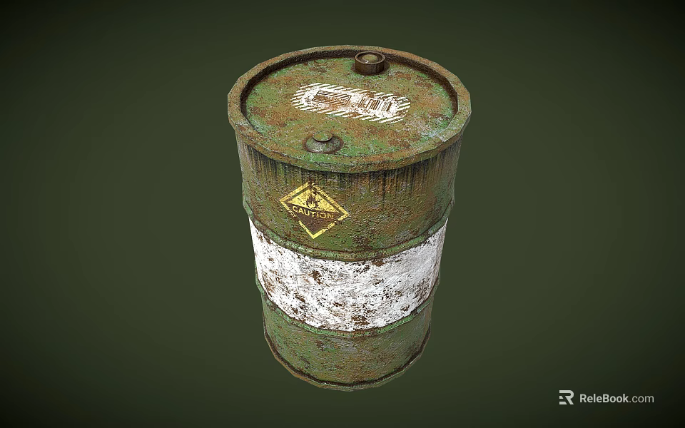 Industrial Equipment Green Rusty Barrel With White Stripe And Warning Symbol 3d model 