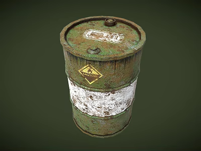 Industrial Equipment Green Rusty Barrel With White Stripe And Warning Symbol 3d model
