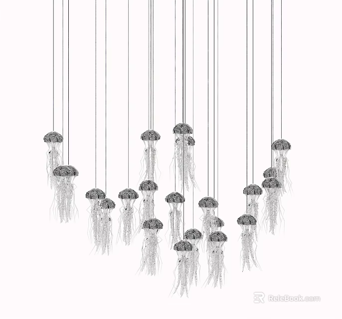 Multiple Jellyfish Shaped Silver White Chandeliers With Tassel Like Decorations Hanging 3d model 