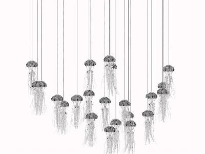 Multiple Jellyfish Shaped Silver White Chandeliers With Tassel Like Decorations Hanging 3d model