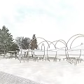 Modern Golden Arched Pergola With White Canopy Over Pool Reflections And Building