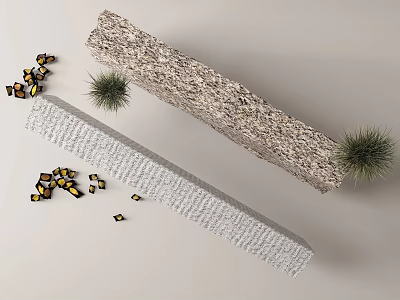 Natural Stone And Wood Planks With Black Yellow Blocks And Mini Green Plants 3d model