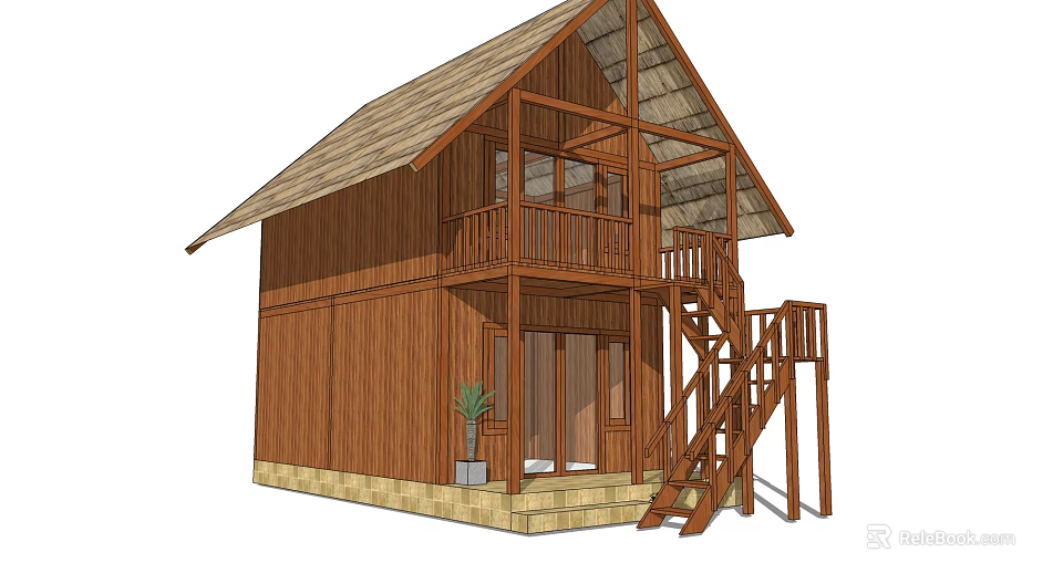 Wooden Single-family House With Gabled Roof Balcony Staircase And Stone Base 3d model 