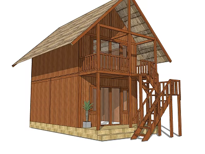Wooden Single-family House With Gabled Roof Balcony Staircase And Stone Base 3d model