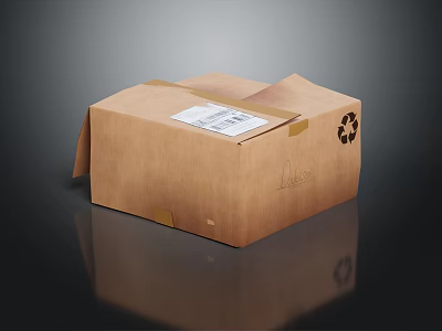 Eco Friendly Brown Cardboard Box For Household Items With Label And Recycling Symbol 3d model