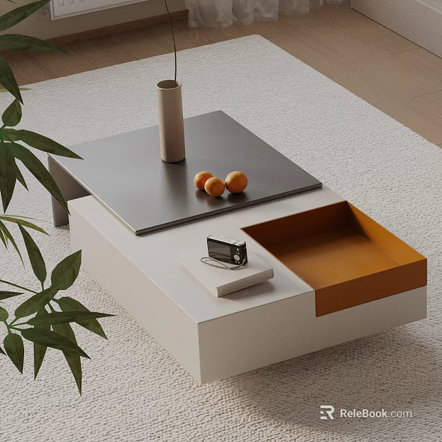 Modern Sofa Coffee Table Set Featuring White Orange Storage And Metal Tray Decor 3d model 