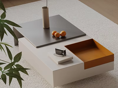 Modern Sofa Coffee Table Set Featuring White Orange Storage And Metal Tray Decor 3d model