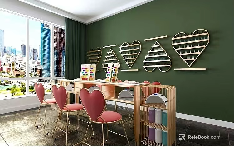 Mall Shop with Green Walls Heart Shaped Shelves Pink Chairs Colorful Items and City View 3d model 