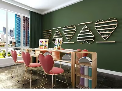 Mall Shop with Green Walls Heart Shaped Shelves Pink Chairs Colorful Items and City View 3d model
