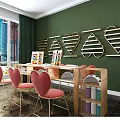 Mall Shop with Green Walls Heart Shaped Shelves Pink Chairs Colorful Items and City View