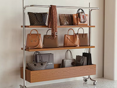 Modern Rolling Storage Rack With Shelves Holding Various Leather Handbags Checkered And Brown 3d model