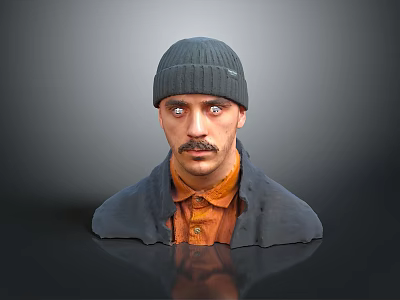 Man in Gray Beanie With Mustache Orange Shirt Dark Coat and Gray Background Reflection 3d model
