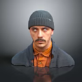 Man in Gray Beanie With Mustache Orange Shirt Dark Coat and Gray Background Reflection