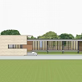 Modern Detached Villa Architectural Design With Glass Facade Landscaped Lawn And Parking Area