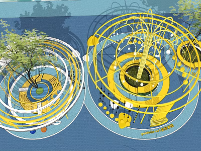 Circular Playground Equipment Featuring Yellow White Structures And Central Trees For Children 3d model