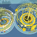 Circular Playground Equipment Featuring Yellow White Structures And Central Trees For Children
